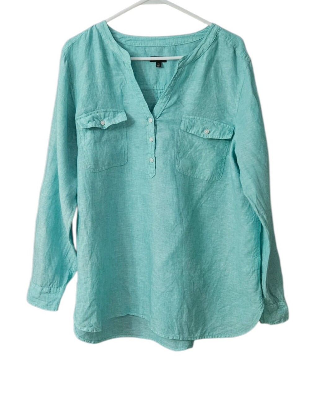 Talbots Linen Band Collar Popover Top Tunic Women's XL Roll Tab Sleeves Green